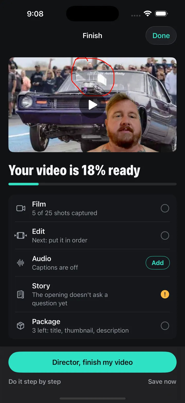 Finish: your video is 18% ready, with what's left to do
